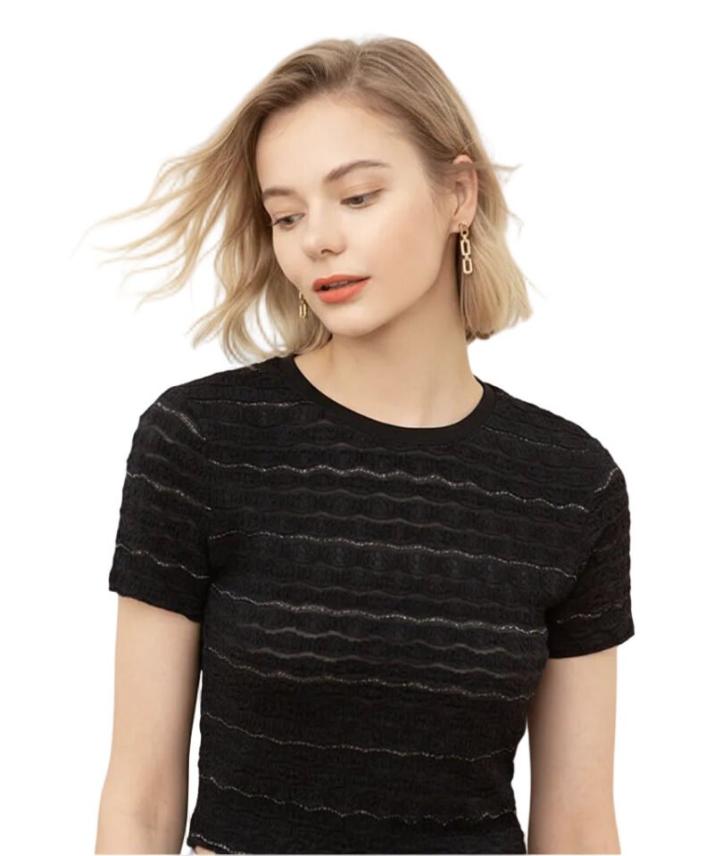 Women's Lace Round Neck Slim Fit Short Sleeve T Shirt