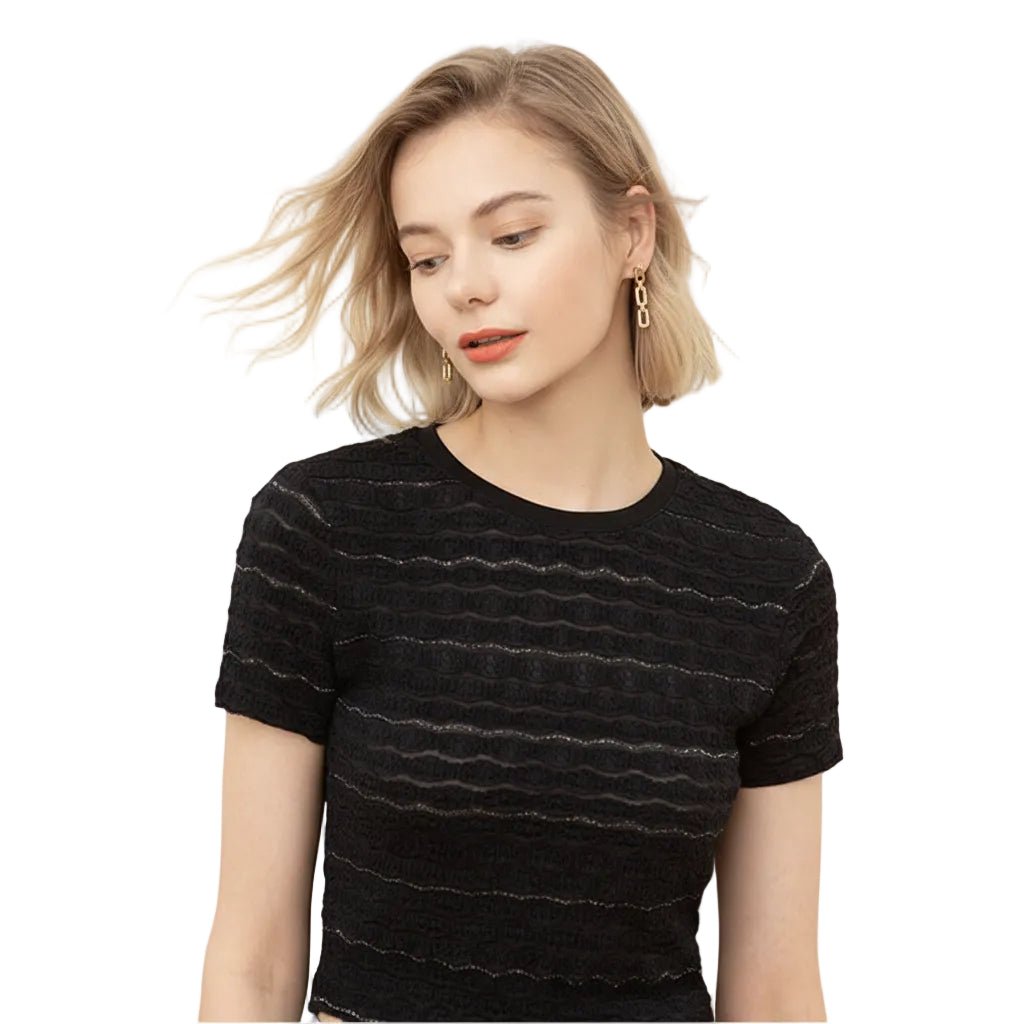 Women's Lace Round Neck Slim Fit Short Sleeve T Shirt