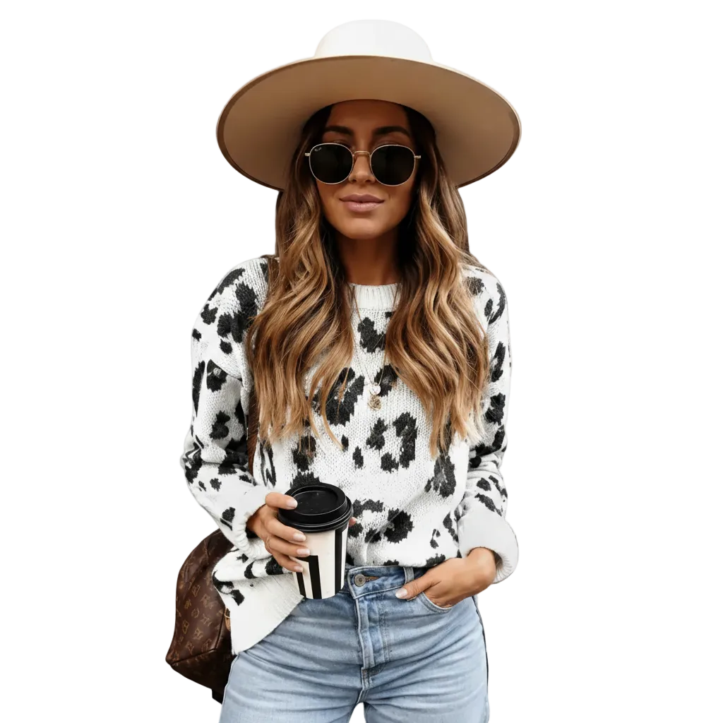 Women's Leopard Print Hollow Knit Pullover Sweater