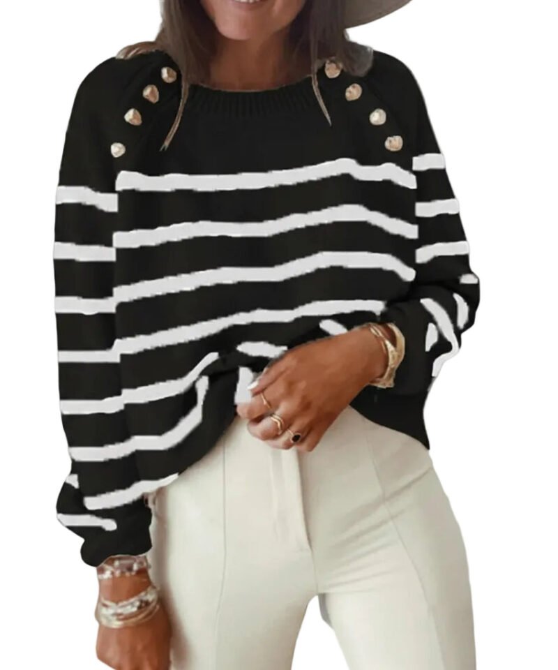Women's Striped Shoulder Button Pullover Knit Sweater