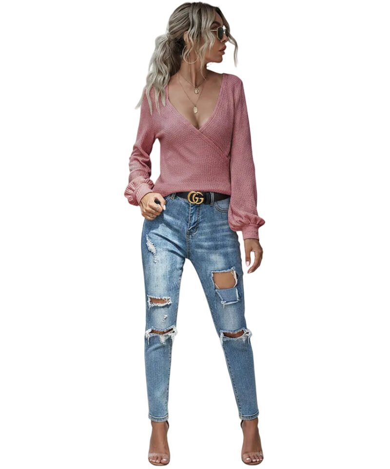 Women's V Neck Puff Sleeve Slim Fit Long Sleeve T Shirt