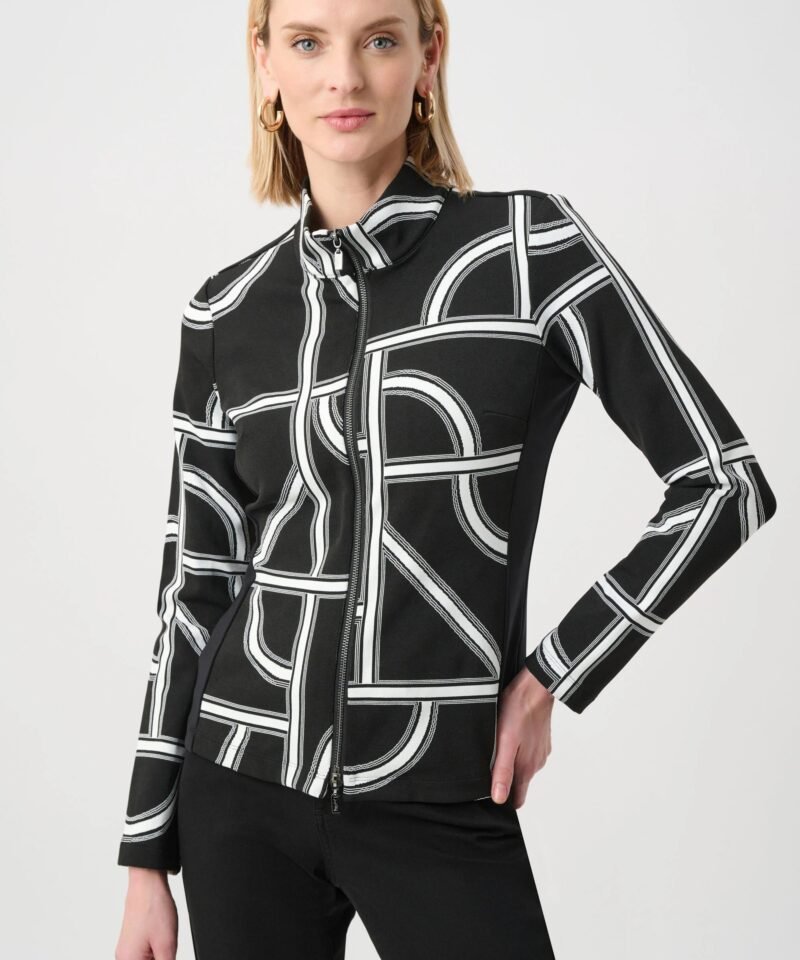 Jacquard Knit Geometric Fitted Jacket- Black/ Off White