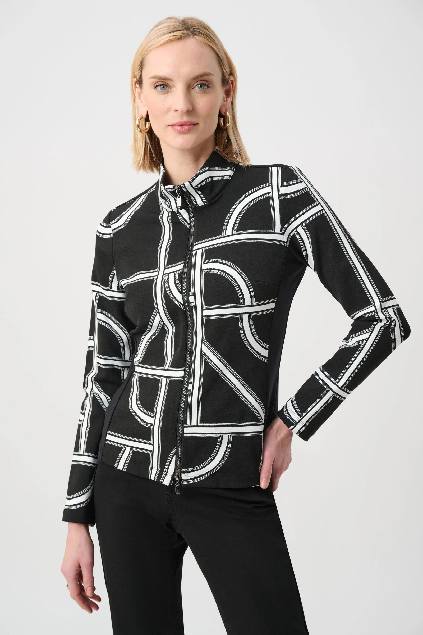 Jacquard Knit Geometric Fitted Jacket- Black/ Off White