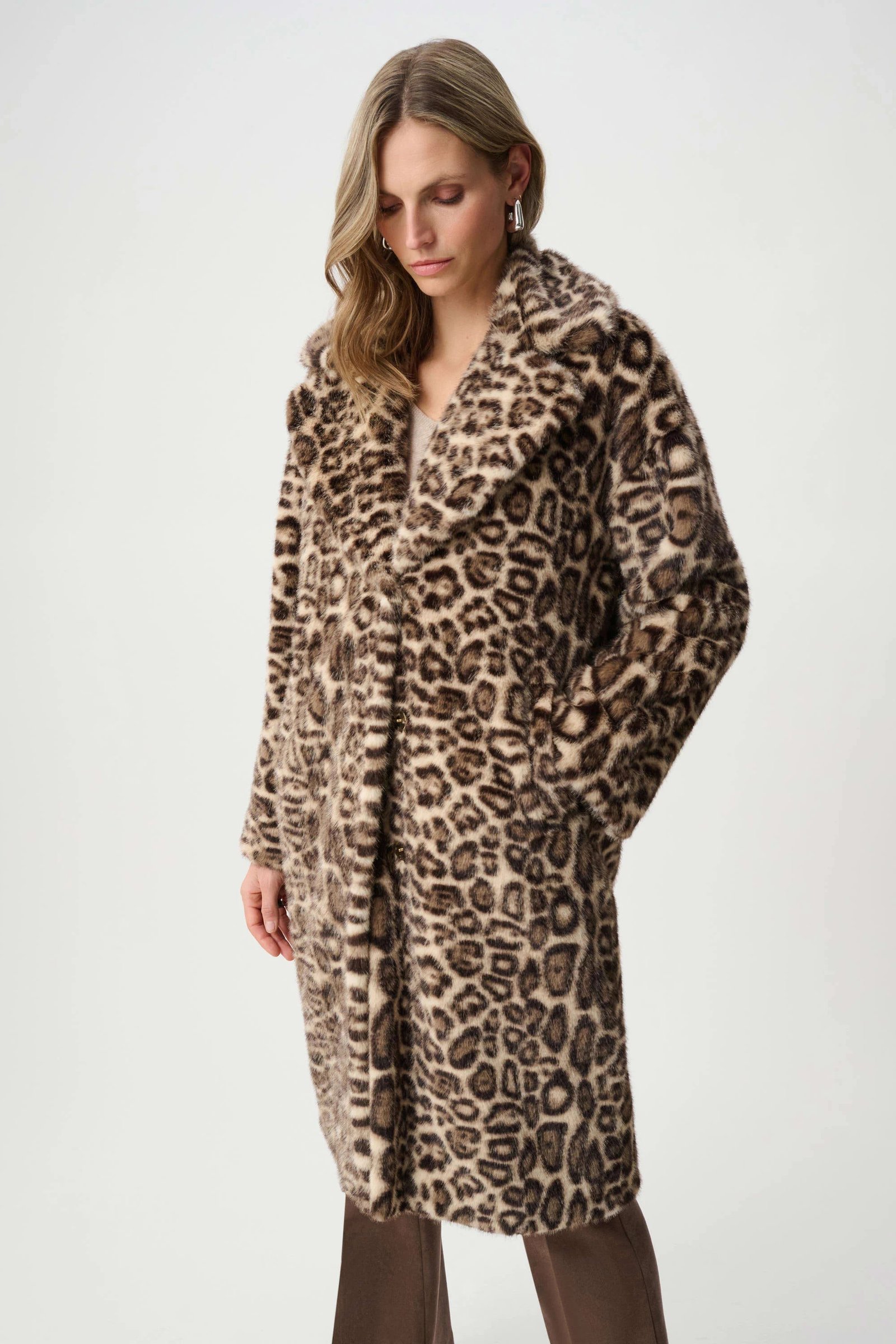 Faux Fur Leopard Print Straight Coat- Beige/Multi