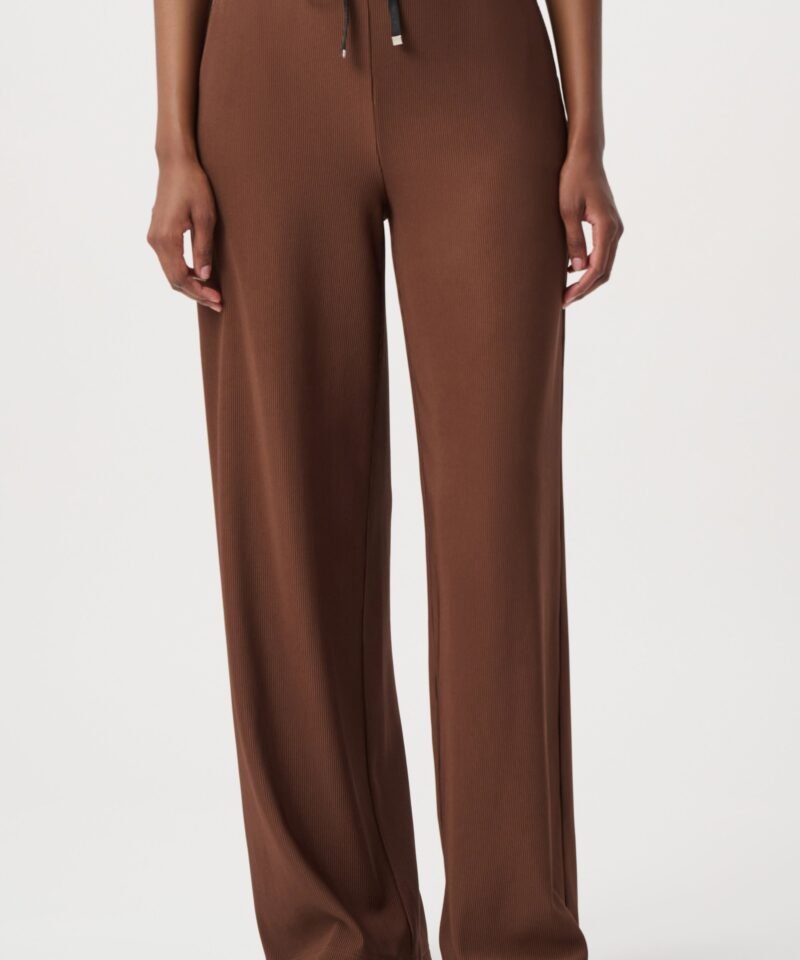 Rib Knit Wide-Leg Pull-On Pants- Mahogany
