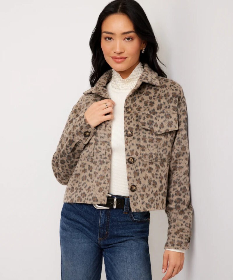 Brushed Faux Fur Shirt Jacket- Leopard
