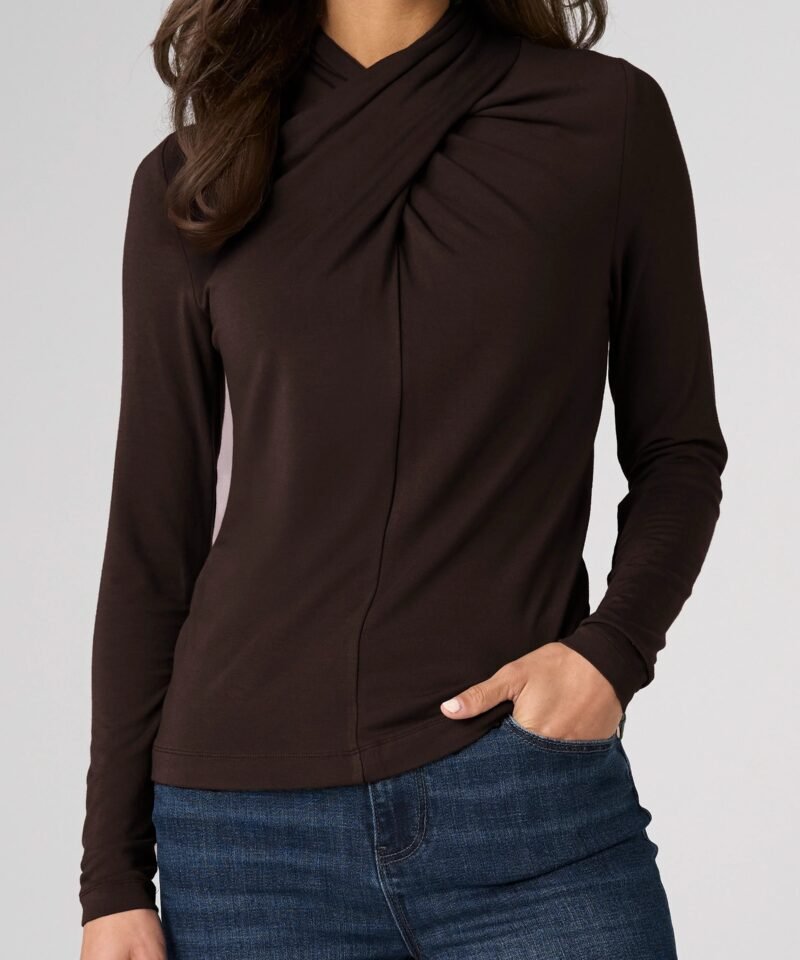 Long Sleeve Wrap Neck Knit Top- Java