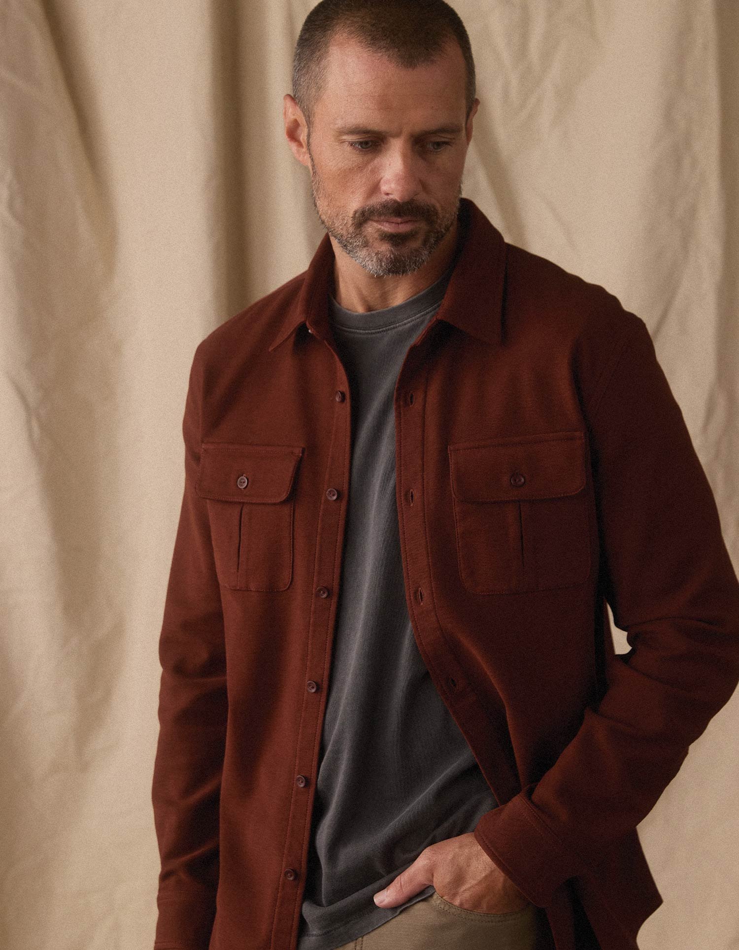 Comfort Terry Shirt Jacket- Spiced Brandy