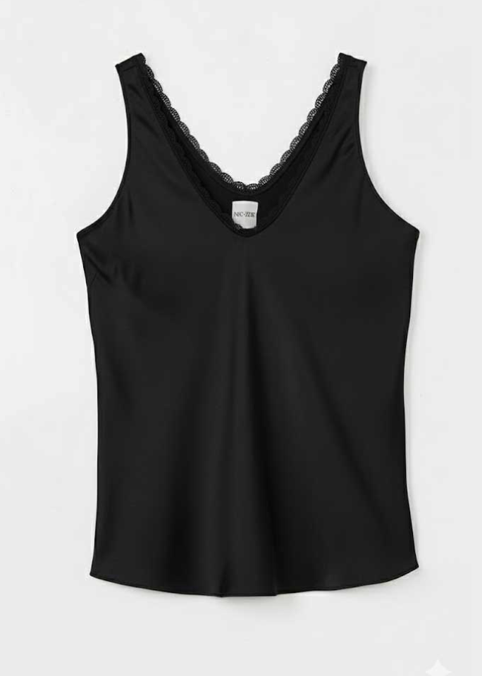 Day Gloss Lace Trim Tank- Black