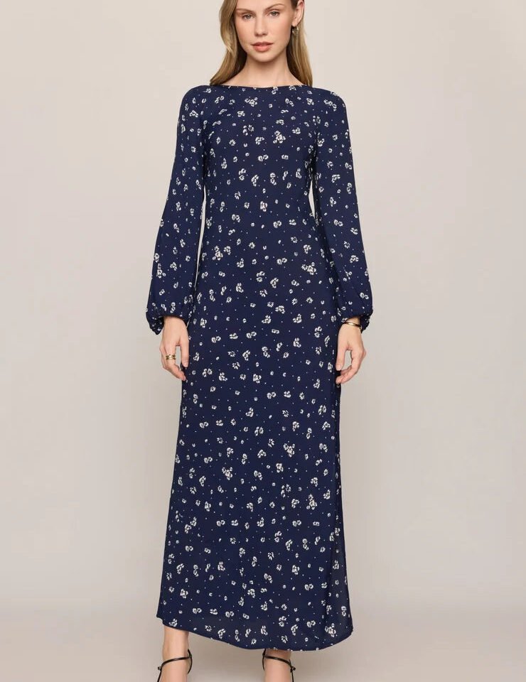 Midnight Tansy Floral Midi Dress- Oxford Blue