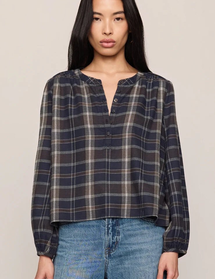 Autumn Plaid Henley Blouse- Eclipse