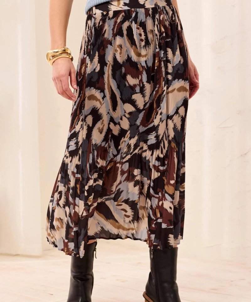 Flowy Plisse Printed Crepe Skirt- Steel
