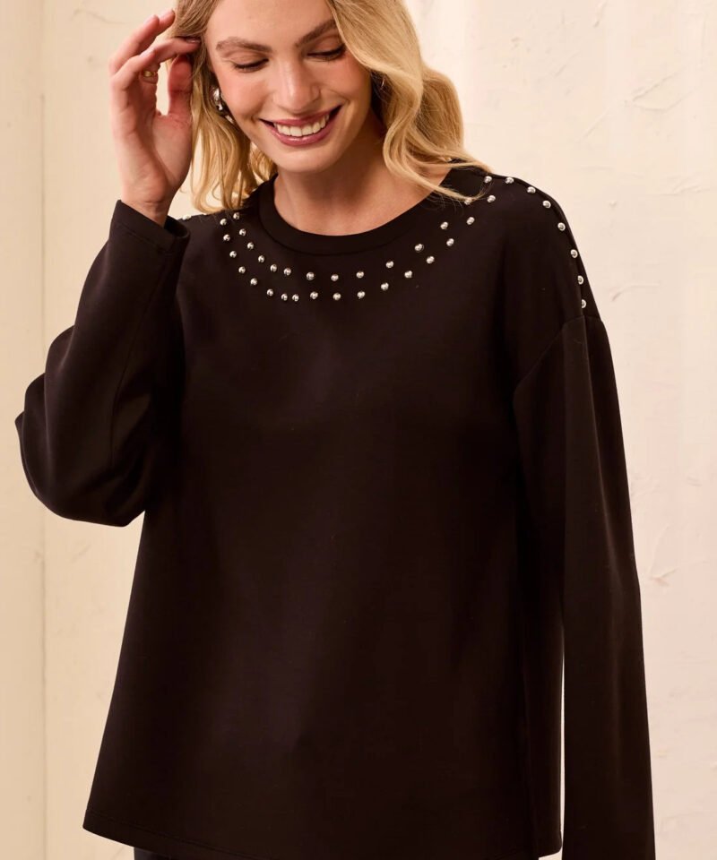 Techno Lux Studded Crew Neck Top- Black